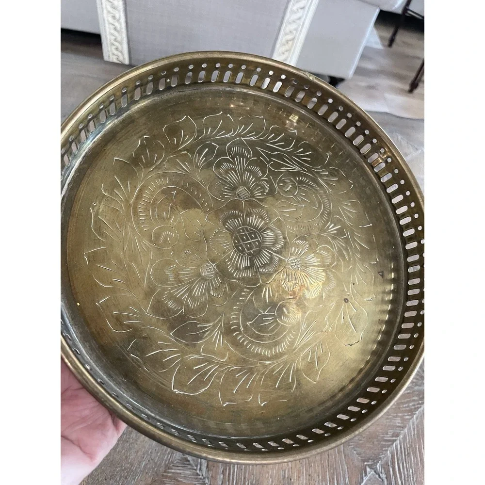 Vtg Brass Tray Etched Floral Design Reticulated Sides Boho 8.25